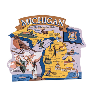 3/4" thick wooden Illustrated map of Michigan with various symbols and landmarks on a white background