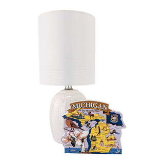 Lamp with a decorative 3/4" thick wooden Michigan-shaped sign on a white background