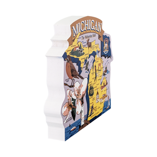 3/4" thick wooden depiction of Michigan with icons and text on a white background