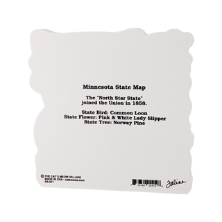 3/4" thick wooden map with black text about Minnesota on a white background