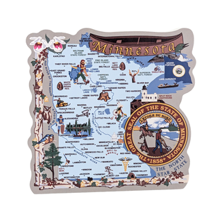 3/4" thick wooden Map of Minnesota with various icons and the state seal on a white background