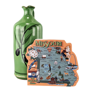 Green glass bottle with a 3/4" thick wooden Missouri-shaped cutout on a white background
