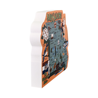3/4" thick wooden Decorative map of Missouri with various icons on a white background