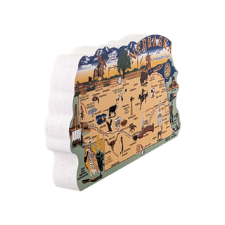 3/4" thick wooden Map of Nebraska with illustrations on a white background