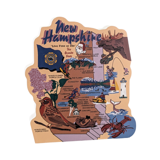 3/4" thick wooden Map of New Hampshire with various symbols and landmarks on a white background