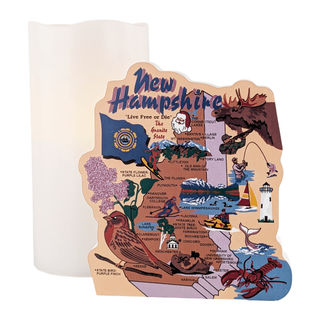 Decorative candle with 3/4" thick wooden  New Hampshire map with state symbols and text.