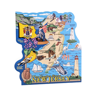 3/4" thick wooden Map of New Jersey with various symbols and landmarks on a white background