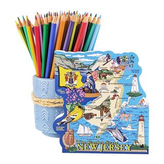 Colorful pencils in a holder with a 3/4" thick wooden New Jersey map and state symbols on a white background