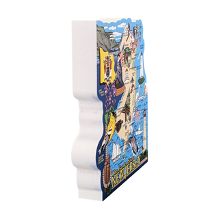 Decorative New Jersey-shaped 3/4" thick wooden figurine with illustrations on a white background