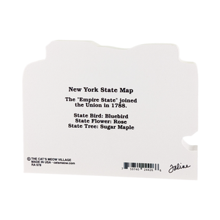 3/4" thick wooden modle with black text about New York State on a white background
