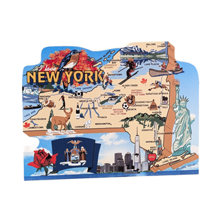 3/4" thick wooden Map of New York state with various symbols and landmarks on a white background