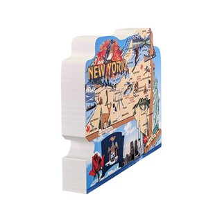 Decorative New York-themed 3/4" thick wooden model with iconic landmarks on a white background