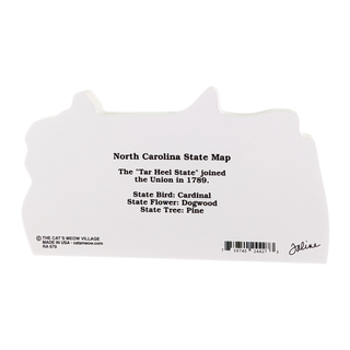 3/4" thick wooden North Carolina state map with text on a white background