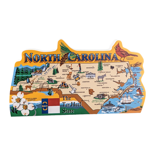 3/4" thick wooden Map of North Carolina with various symbols and landmarks on a white background