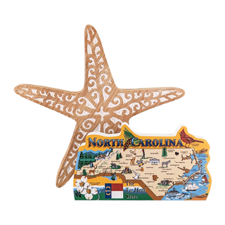 Starfish-shaped figurine with a 3/4" thick wooden map of North Carolina on a white background
