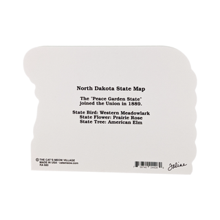 3/4" thick wooden North Dakota state map with text on a white background