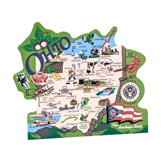 3/4" thick wooden Map of Ohio with various icons and symbols on a white background