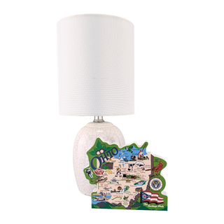 Lamp with a decorative 3/4" thick wooden model featuring images of Ohio on a white background