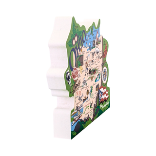 Decorative 3/4" thick wooden Ohio map with various symbols on a white background