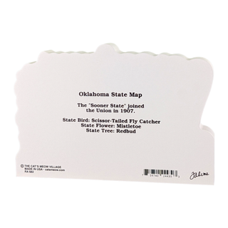 3/4" thick wooden Oklahoma state map with text on a white background