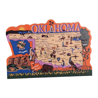 3/4" thick wooden Map of Oklahoma with various icons and text on a white background