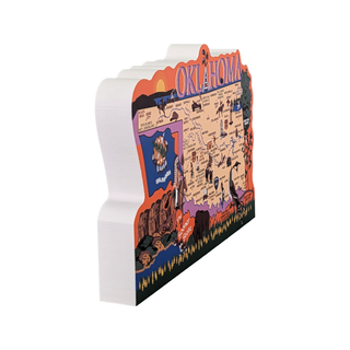 Colorful Oklahoma-themed decorative 3/4" thick wooden map design on a white background