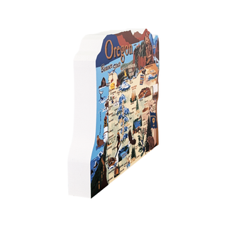 3/4" thick wooden map of Oregon with scenic illustrations on a white background