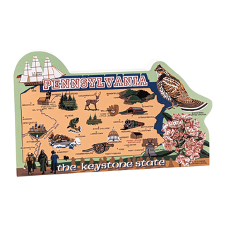 3/4" thick wooden Map of Pennsylvania with various symbols and landmarks on a white background