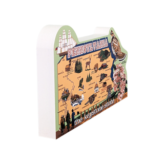 Pennsylvania-themed 3/4" thick wooden map with icons on a white background