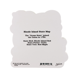 3/4" thick wooden figurine with black text about Rhode Island on a white background