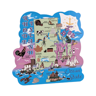 3/4" thick wooden Map of Rhode Island with various icons and text on a white background