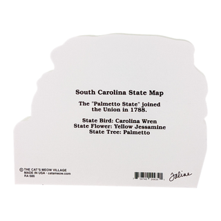 3/4" thick wooden figurine with black text about South Carolina on a white background