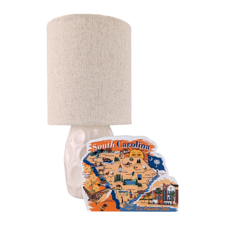 Lamp with a decorative 3/4" thick wooden South Carolina map on a white background