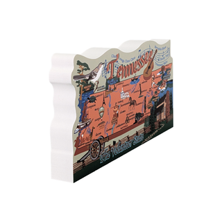 Decorative 3/4" thick wooden map of Tennessee with colorful illustrations on a white background