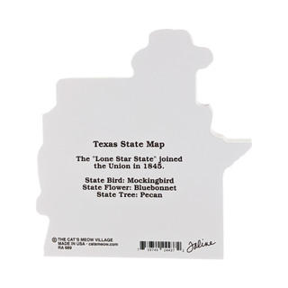 3/4" thick wooden model of Texas with black text on a white background