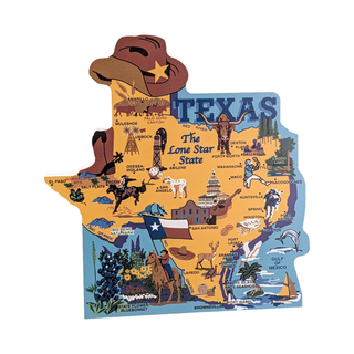 3/4" thick wooden Map of Texas with various icons and symbols on a white background