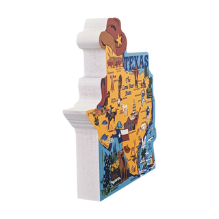 3/4" thick wooden map of Texas with various symbols on a white background