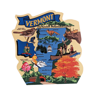 3/4" thick wooden Map of Vermont with various symbols and landmarks on a white background