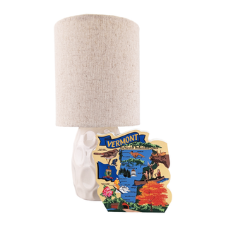 Lamp with Vermont-themed 3/4" thick wooden map on a white background