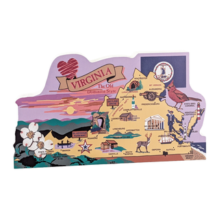 3/4" thick wooden Map of Virginia with various symbols and landmarks on a white background