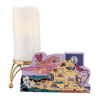 Decorative candle with a 3/4" thick wooden map of Virginia design on a white background