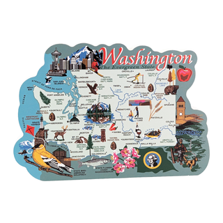 3/4" thick wooden map of Washington state with various icons and symbols on a white background