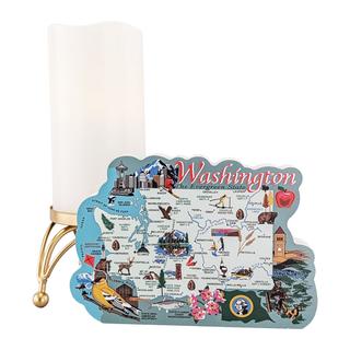 3/4" thick wooden Map of Washington state with various icons and a candle holder on a white background