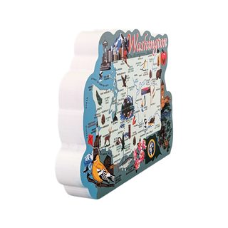 3/4" thick wooden model shaped like a map of Washington with various icons on a white background.