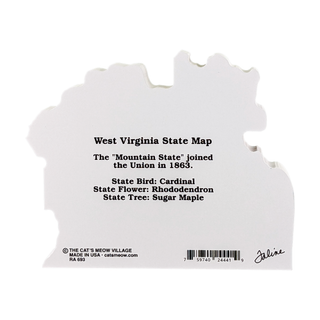 3/4" thick wooden West Virginia state map with text about the state on a white background