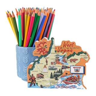Colorful pencils in a holder with a 3/4" thick wooden map of West Virginia on a white background