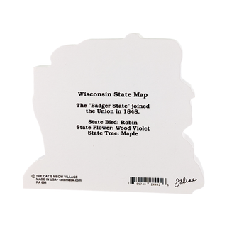 3/4" thick wooden model with black text detailing Wisconsin's state information on a white background