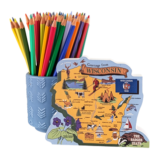 Colorful pencils in a holder with a 3/4" thick wooden Wisconsin map with illustrations on a white background
