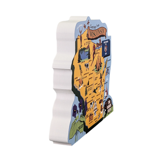 3/4" thick wooden map of Wisconsin with various icons on a white background