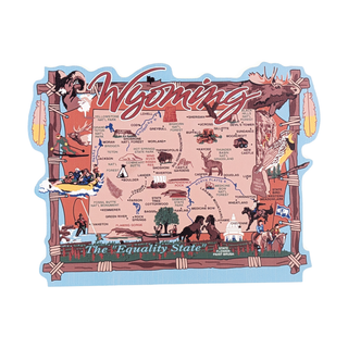 3/4" thick wooden model of Wyoming with map and icons on a white background